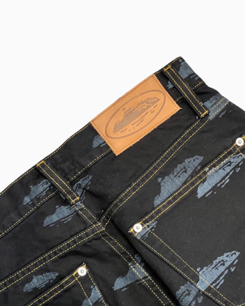 Corteiz Alcatraz Pattern Denim Jeans Black
