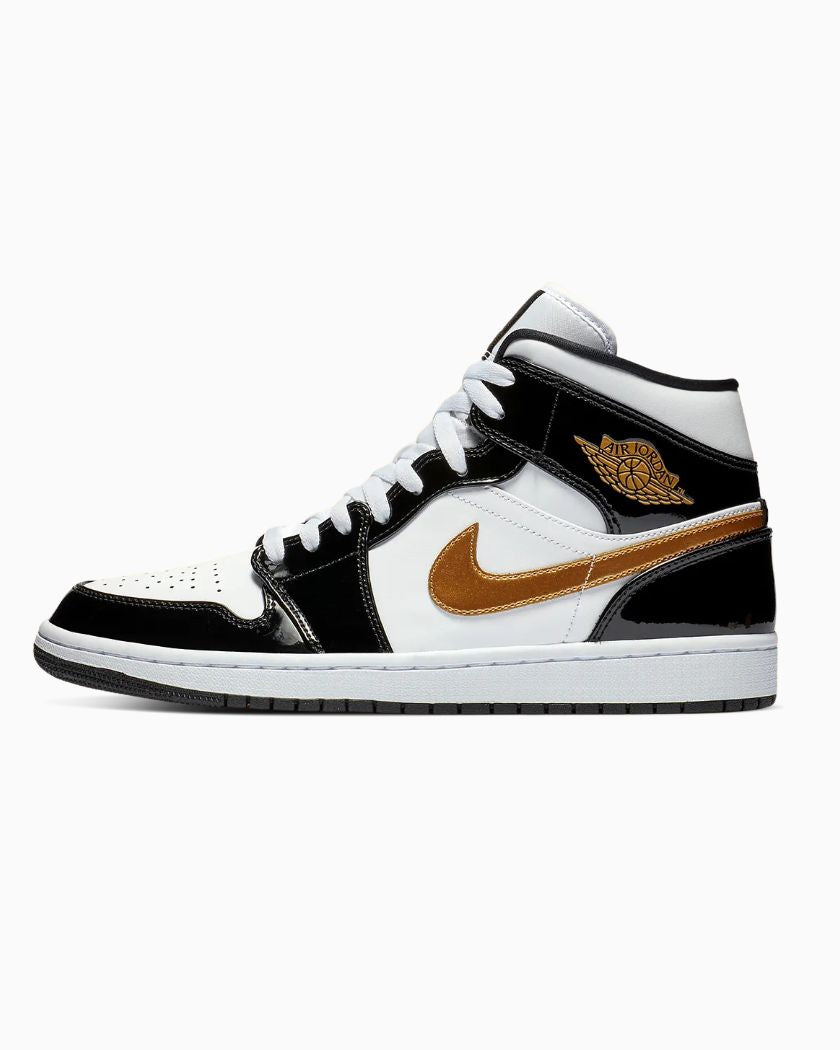 Air Jordan 1 Mid Patent Black White Gold