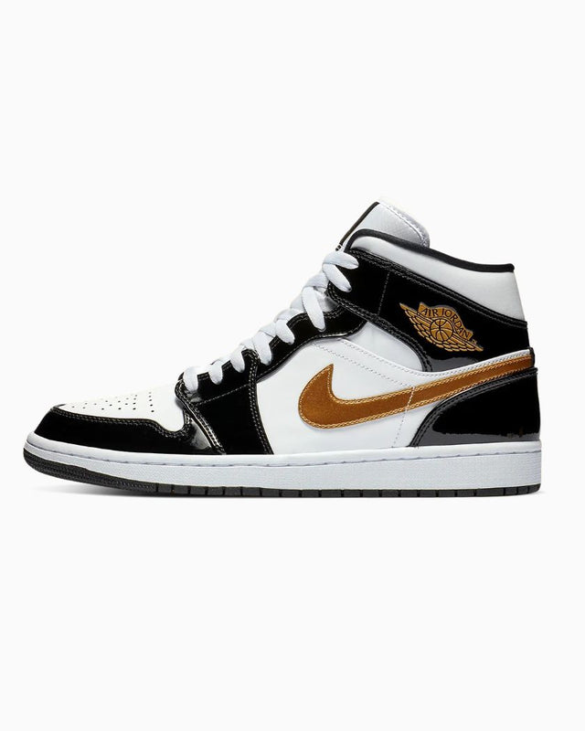 Air Jordan 1 Mid Patent Black White Gold