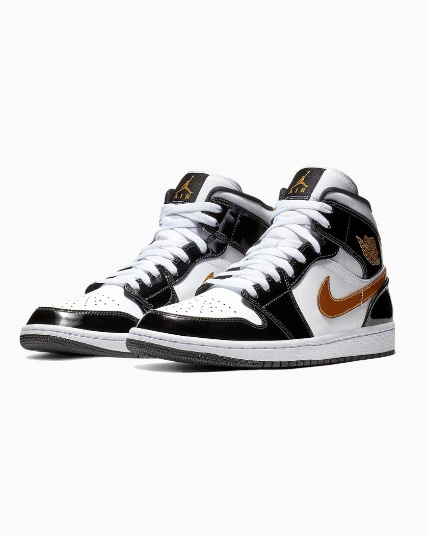 Air Jordan 1 Mid Patent Black White Gold