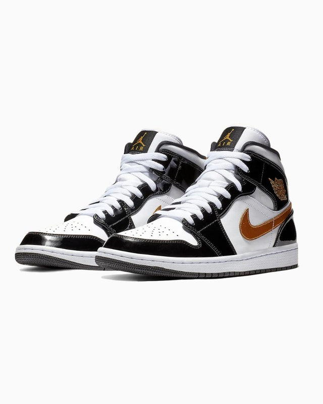 Air Jordan 1 Mid Patent Black White Gold