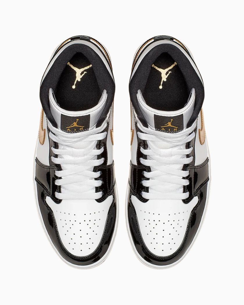 Air Jordan 1 Mid Patent Black White Gold