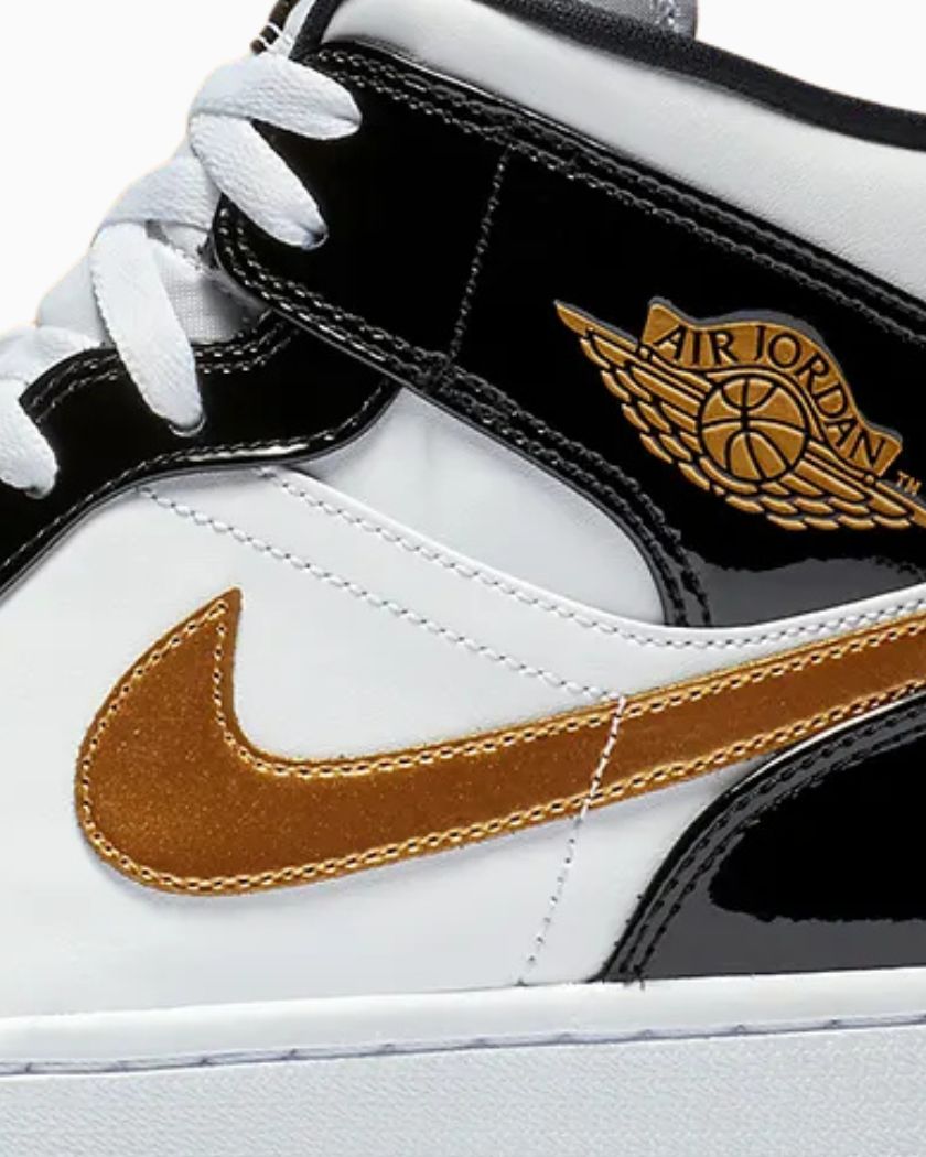 Air Jordan 1 Mid Patent Black White Gold